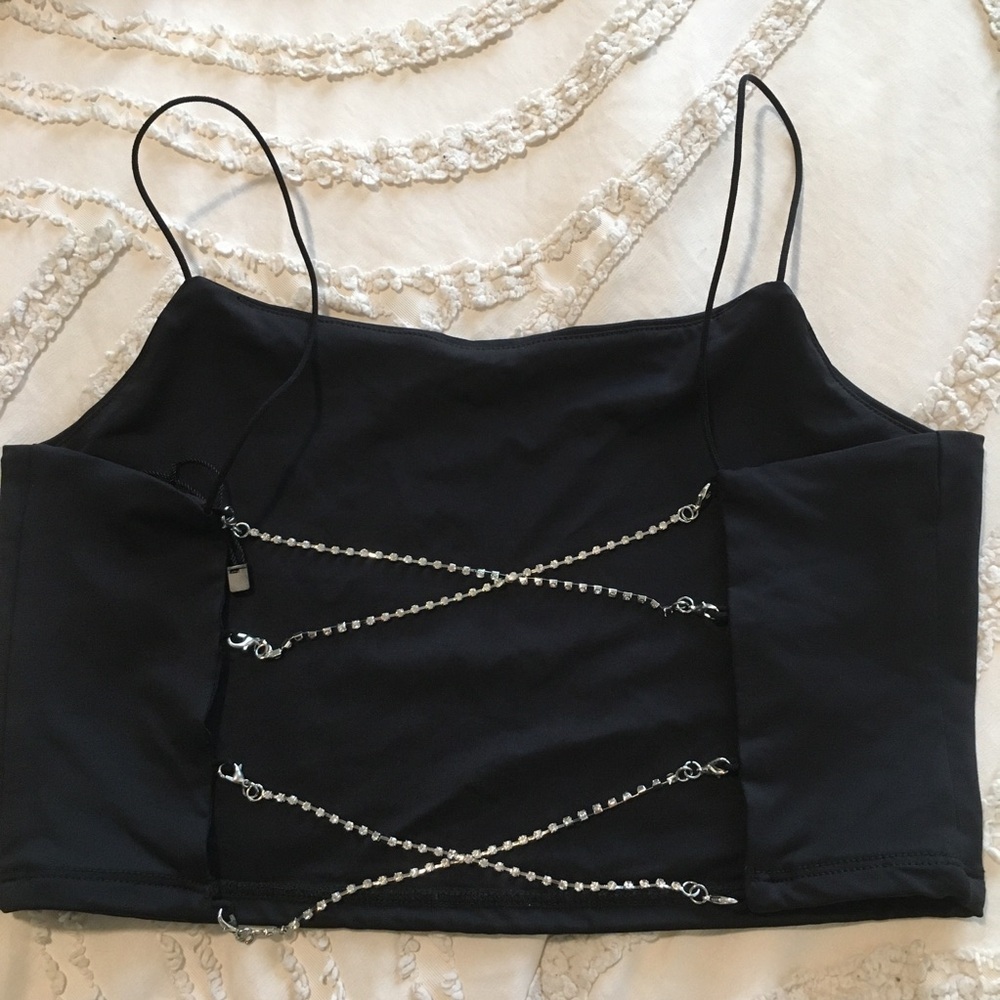 Black Strappy Back Crop Top with Chain Details - Picture 2 of 5
